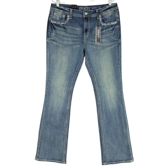Grace In LA Women's Embroidered Easy Fit Boot Cut Stretch Blue Jeans Size 33 NWT - Picture 1 of 10